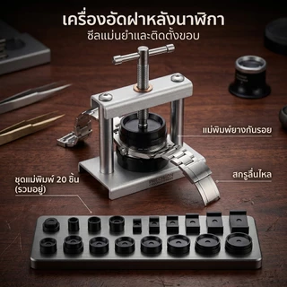 เครื่องกดฝาหลังนาฬิกา แบบเกลียวหมุน พร้อมแม่พิมพ์ดายส์ 18 ชิ้น ชุดเครื่องมือซ่อมนาฬิกา เปลี่ยนถ่านนาฬิกาข้อมือ
