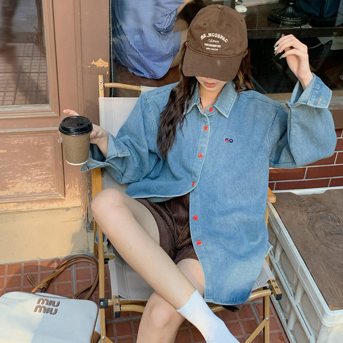 เสื้อเชิ้ตแขนยาวผ้ายีนส์สไตล์เกาหลีสำหรับผู้หญิง เสื้อคอโปโลลำลองอเนกประสงค์