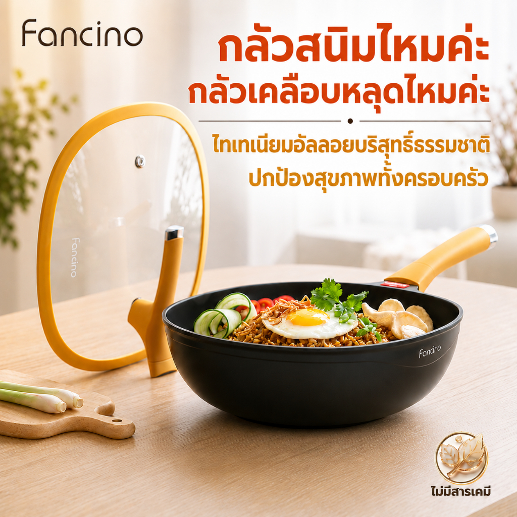 Fancino กระทะ 32ซม ไทเทเนียม 6ชิ้น ใช้ได้กับเตาทุกประเภท ปราศจาก PFOA PFAS มือจับทนความร้อน