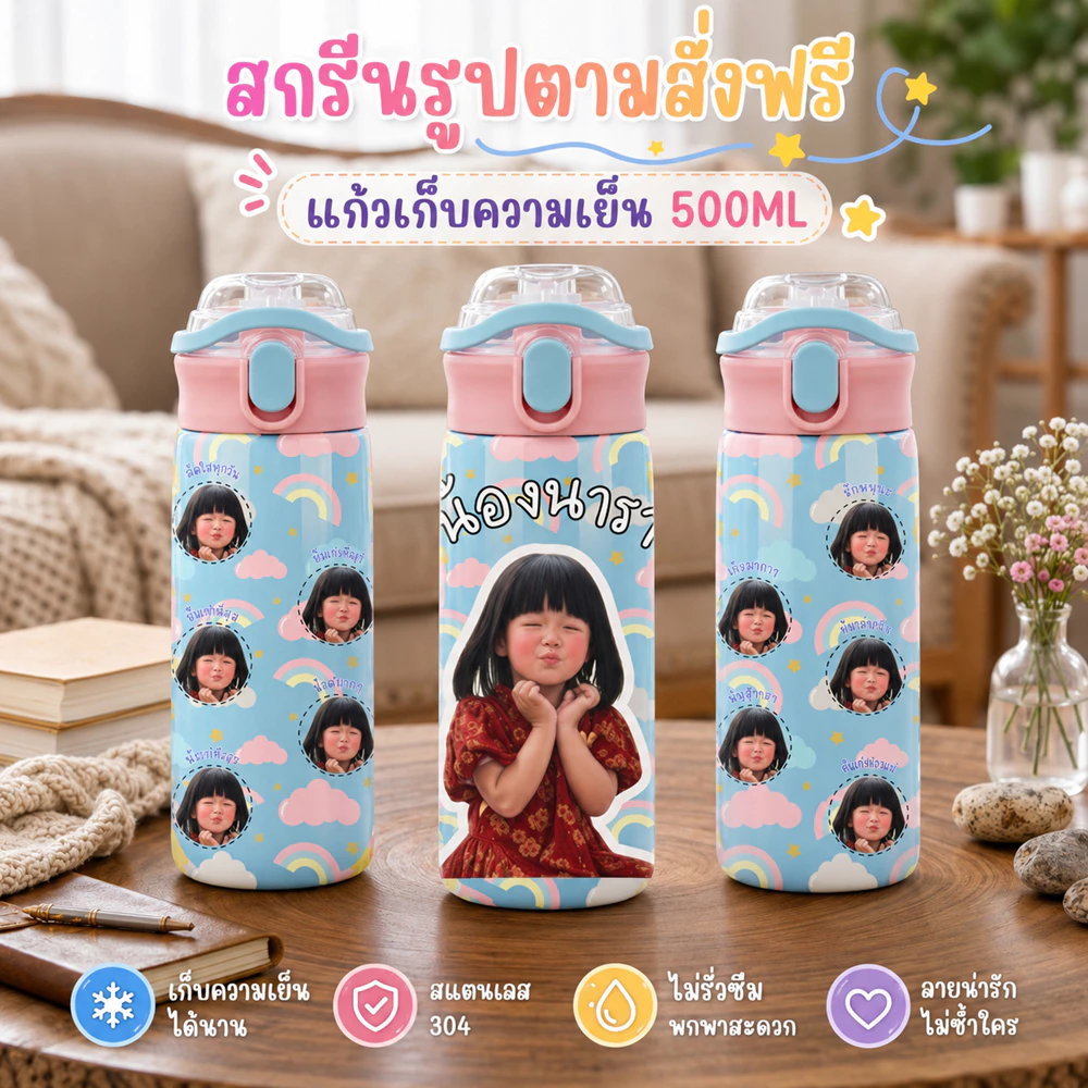แก้วสกรีน กระติกน้ำเด็กสกรีนพร้อมสกรีนรูปตามสั่ง (สกรีนฟรีรอบใบ) ขวดน้ำเด็ก กระบอกน้ำเด็ก จัดส่งไว24ชม. พร้อมส่งในไทย