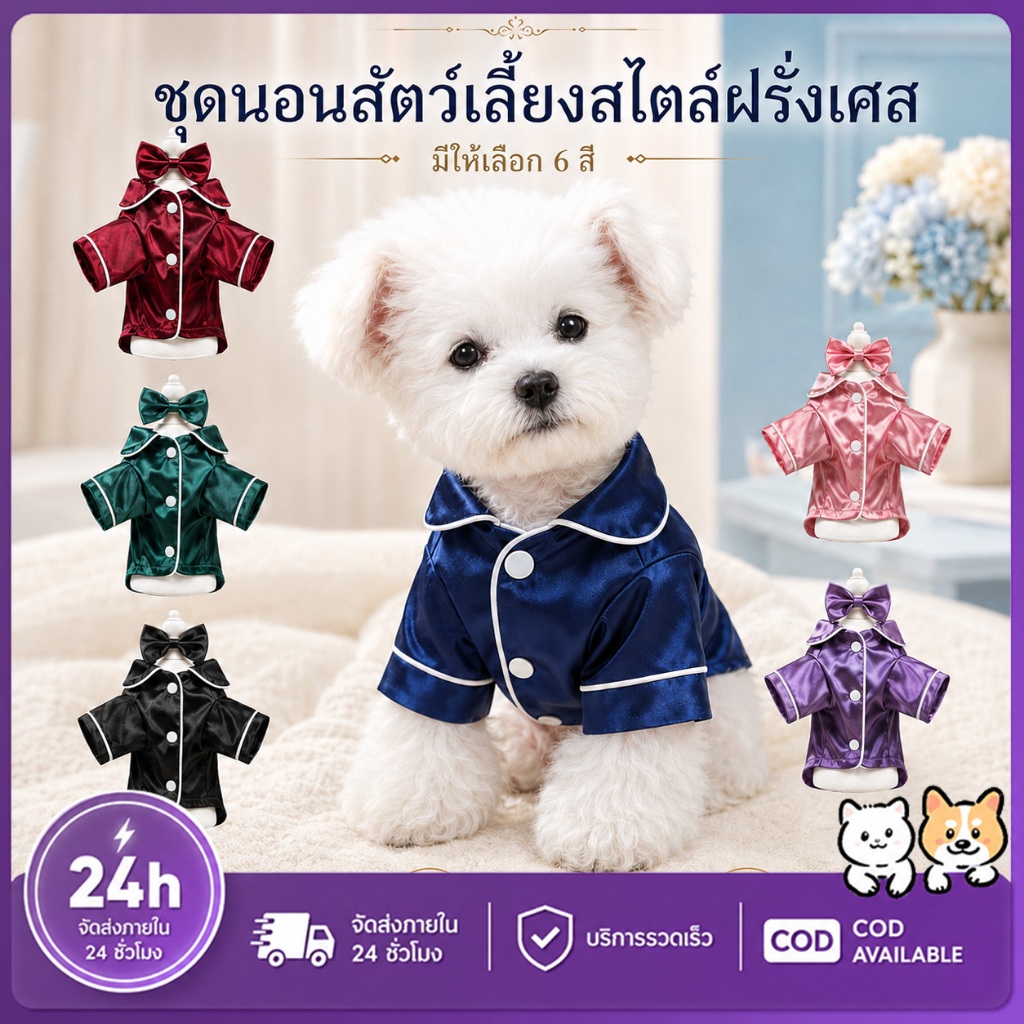 PETWELL ชุดนอนสัตว์เลี้ยง ชุดนอนสุนัขสไตล์ฝรั่งเศส เสื้อผ้าแมว เหมาะสำหรับสุนัขเล็ก