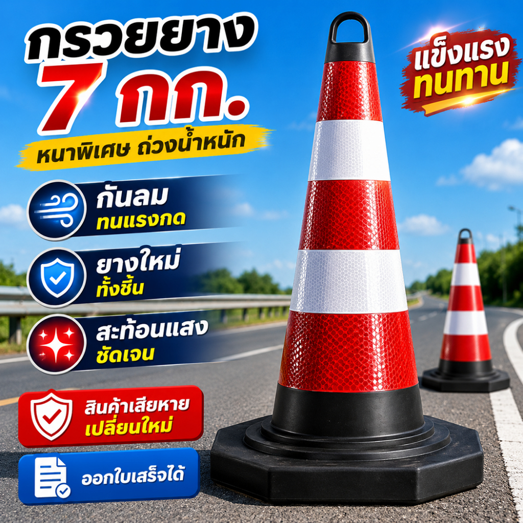 【สามารถออกใบเสร็จรับเงินได้】กรวยจราจร กรวยยาง 90 ซม. ทนทาน พร้อมแถบสะท้อนแสง สีไม่ซีดง่าย ทนต่อการเฉี่ยวชน