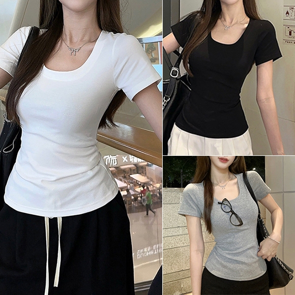 เสื้อคอยูไหล่ตรงหญิง ทรงพอดีตัว ใส่แล้วดูผอม สีเรียบ ดีไซน์พื้นฐาน ใส่ได้ทุกวัน