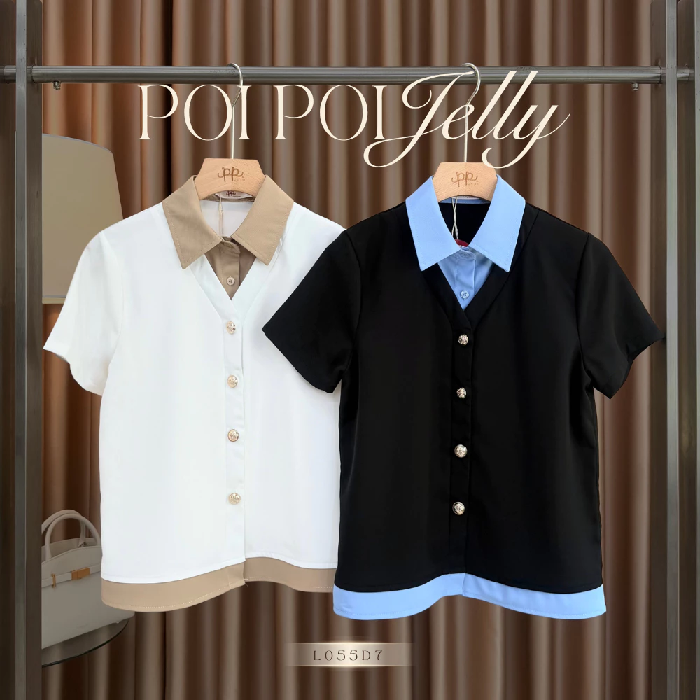 POI เสื้อเชิ้ตคอปกผ้าเจลลี่แขนสั้นซ้อนทูโทน L055D7