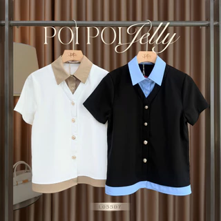 POI เสื้อเชิ้ตคอปกผ้าเจลลี่แขนสั้นซ้อนทูโทน L055D7