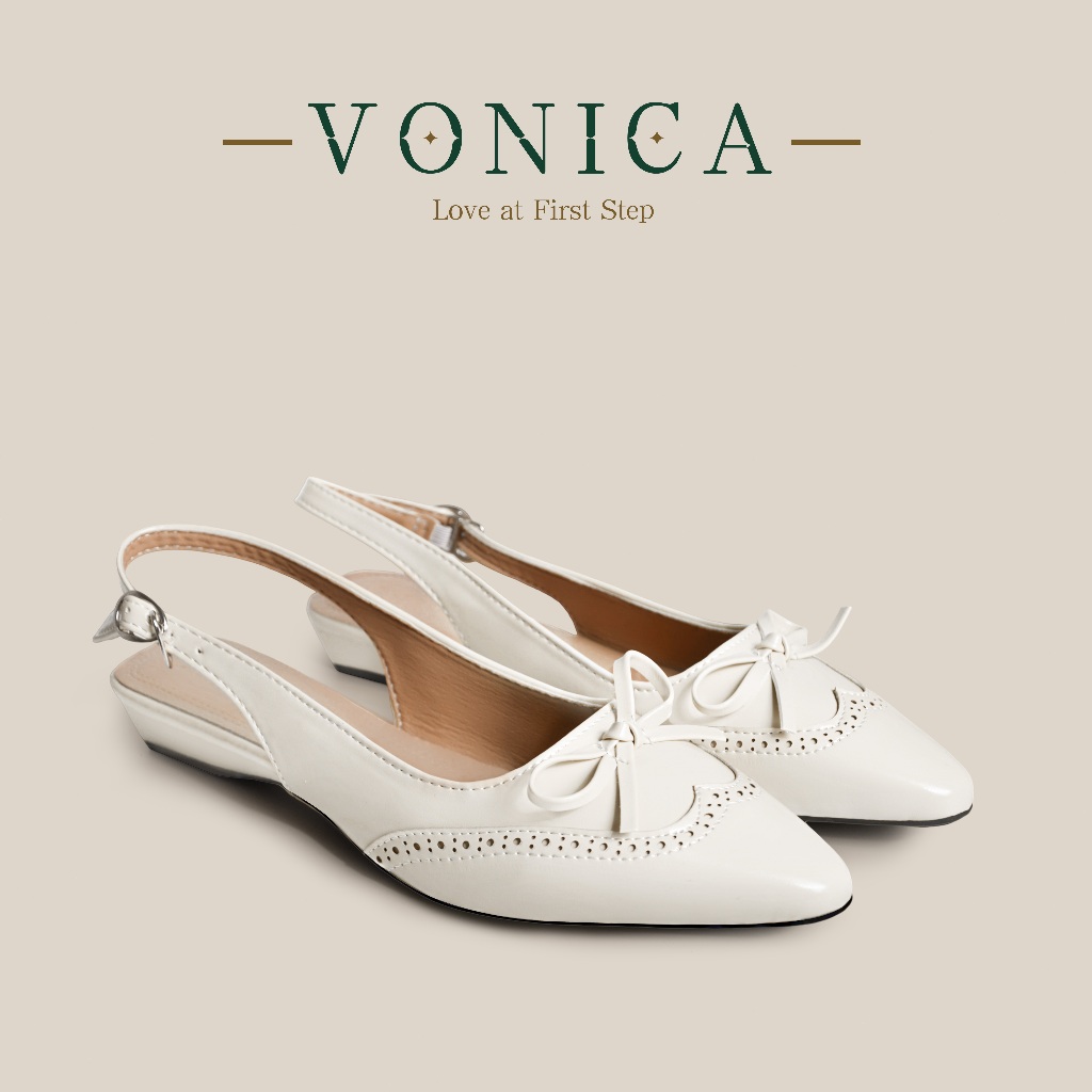 VONICA รองเท้าแตะสายรัดเปล่าแบบฝรั่งเศส สีเบจ รองเท้าแตะส้นต่ำปลายแหลม โบว์ประดับ ลายบร็อก