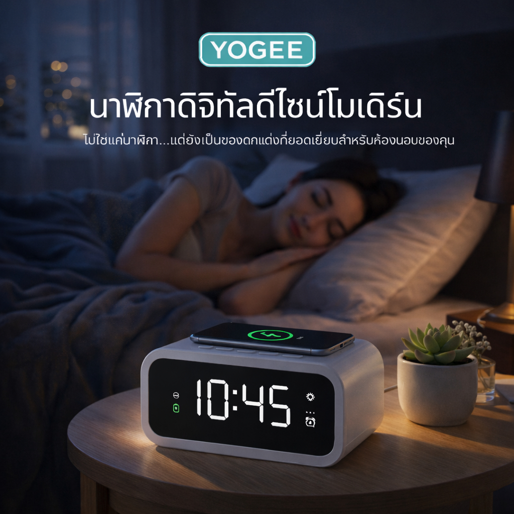 นาฬิกาดิจิตอลพร้อมที่ชาร์จมือถือแบบไร้สาย ไฟ LED พร้อมไฟกลางคืนและนาฬิกาปลุก