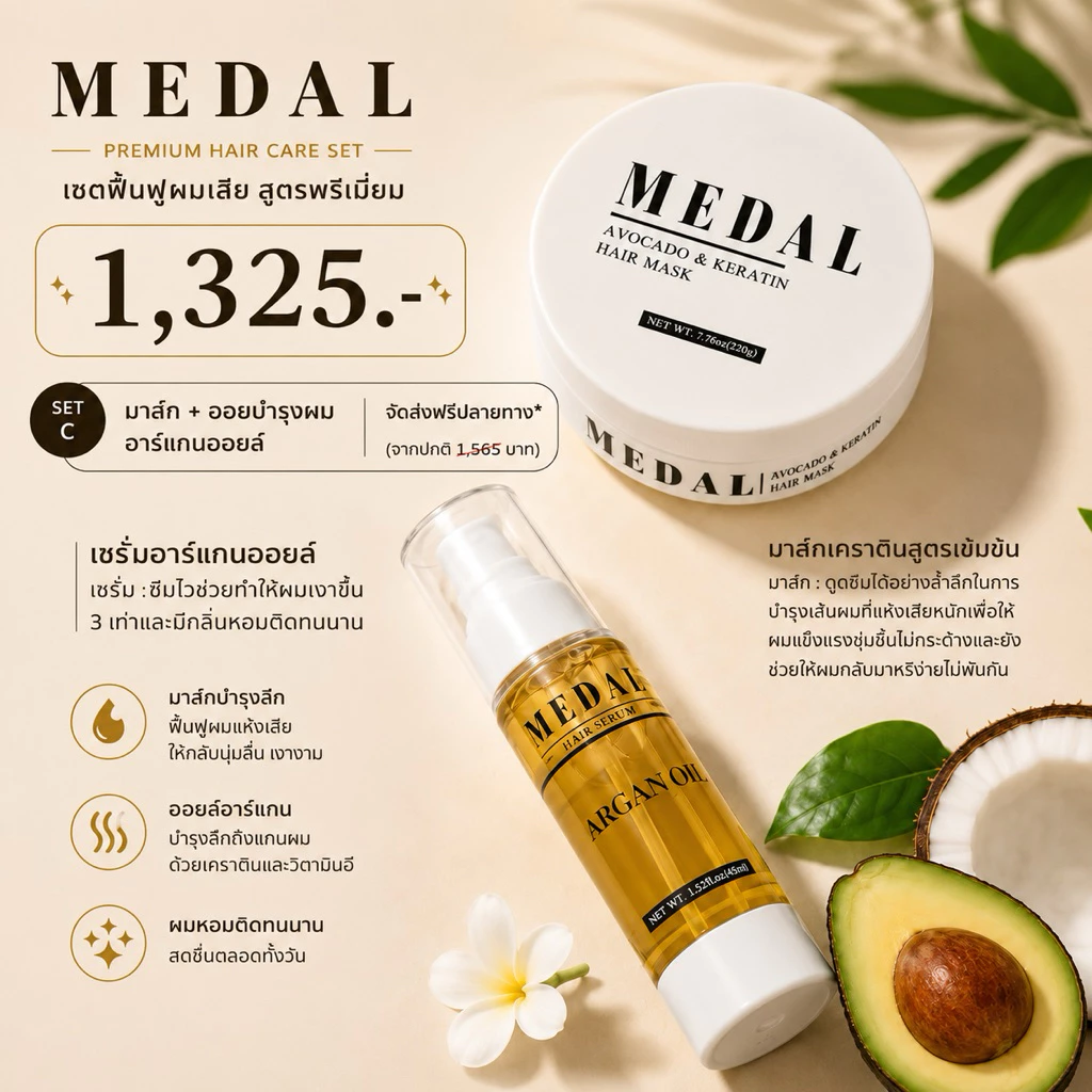 MEDAL(SET C) มาส์ก220g+เซรั่ม45ml บำรุงผม อะโวคาโด้เคราตินฝรั่งเศษ ของแท้ 100%