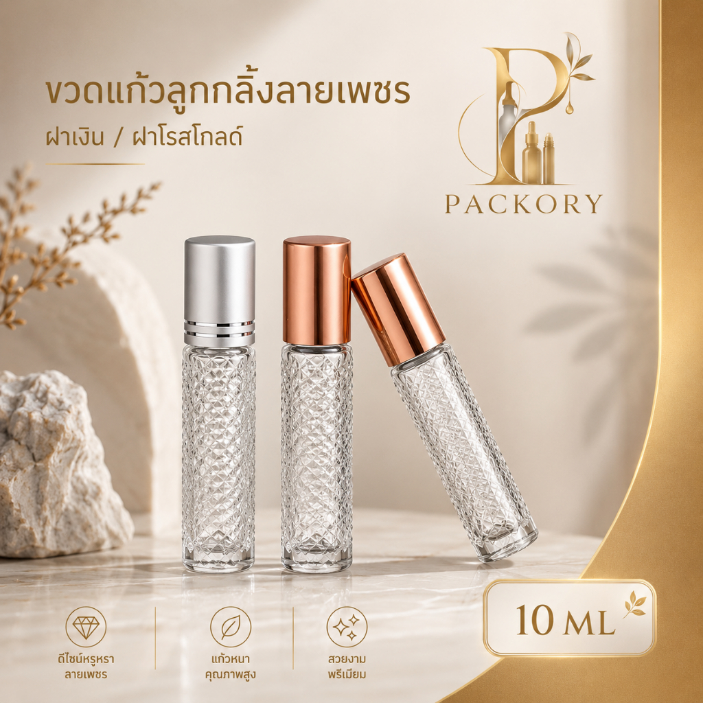 PACKORY  GS004 ขวดลูกกลิ้งลายเพชร 10ml ขวดแก้วใส ลูกกลิ้งหัวแก้ว สำหรับน้ำหอม น้ำมันหอมระเหย