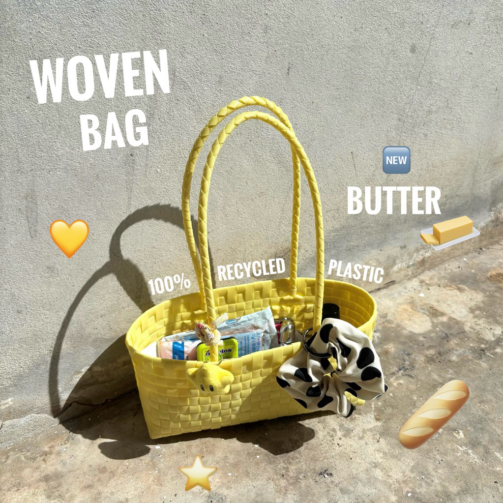 [จัดส่ง 2-3วัน] Woven basket bag กระเป๋าสานพลาสติก สะพายไหล่ 100% recycled plastic *แถมห่วงสปริงใส่พวงกุญแจ