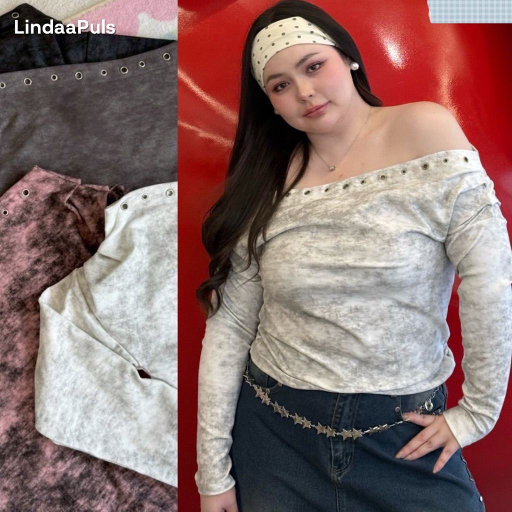 LindaaPlus-- เสื้อปาดไหล่แต่งตอกตาไก่สาวอวบอ้วน เนื้อผ้ายืดลายหินอ่อน ผ้ายู นิ่มยืด ใส่บาย ใส่ไปเที่ยว ไปคอนก็ปังง