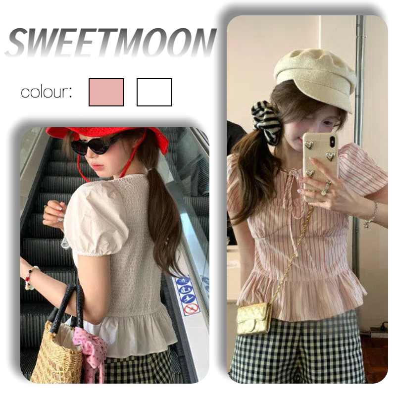 เสื้อลายทางสีชมพู แขนพอง ทรงปีกนก สั้น ดูผอม สไตล์เกาหลี ใส่สบาย
