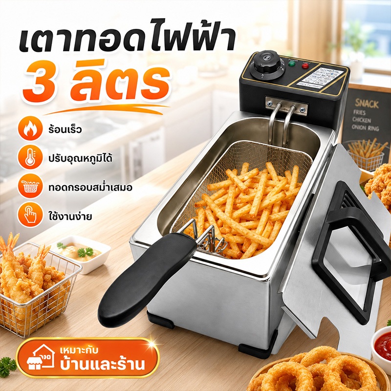 🍟โปรโมชั่น! หม้อทอดไฟฟ้า 3L/ 2000W สแตนเลส ปรับอุณหภูมิ200°C ทอดกรอบเร็ว หม้อถอดล้าง สวิตช์อิสระ พร้อมส่ง