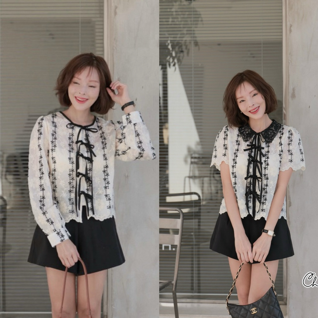 [พร้อมส่ง] Chaline เสื้อเนื้อผ้าคอตตอนซิลล์ ปักลายน่ารักในเนื้อผ้า
