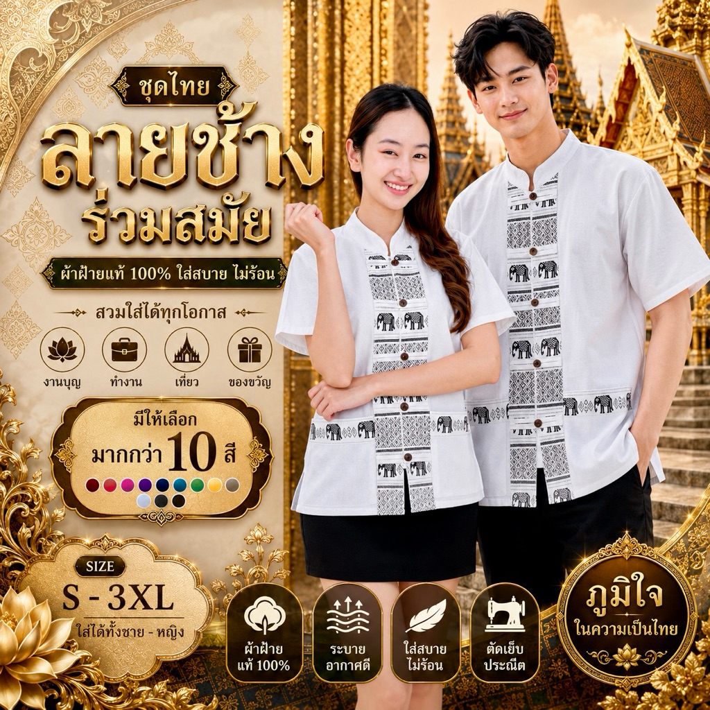 เสื้อคู่ช้างสีขาว ผ่าหน้า5กระดุม ชาย/หญิง