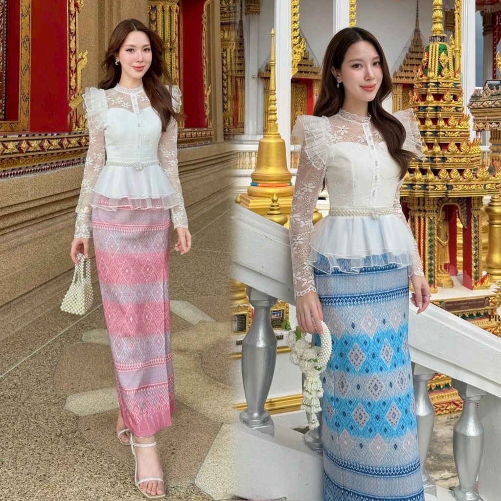 ชุดเซ็ตผ้าไทยรับงานบุญ S-2XL Thai Print Set3 ชุดไปวัด,เสื้อลูกไม้ขาวแขนยาว+ผ้าถุงลายไทยพื้นเมือง+เข็มขัดมุก งานป้าย