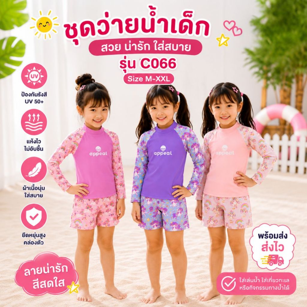 ชุดว่ายน้ำเด็กผู้หญิงแบบ 2 ชิ้น เสื้อแขนยาวกันยูวี สำหรับเด็กๆ ใส่คู่กับ กางเกงขาสั้น รุ่นC066