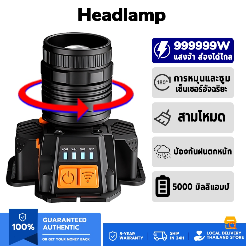 ไฟฉายคาดหัว (ไม่กลัวลมและฝน ชาร์จโทรศัพท์มือถือได้ กันน้ำ กันระเบิด ป้องกันฟ้าผ่า) ไฟฉาย led ไฟฉายคาดหัวแท้ ไฟคาดหัว