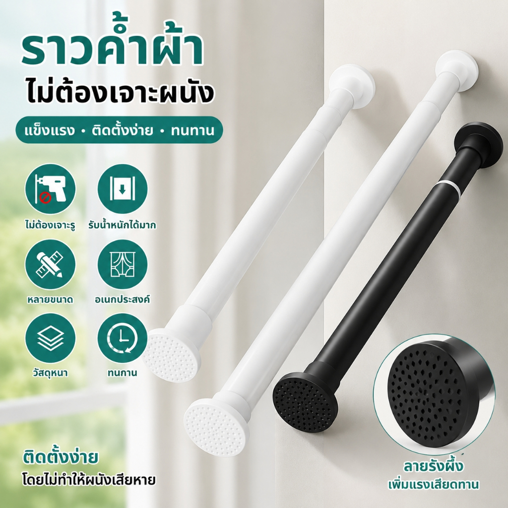 COD ราวตากผ้า ราวม่าน ราวผ้าม่าน ราวสแตนเลส ราวแขวนผ้า ราวติดผนัง ราวยืดหดได้ ไม่ต้องเจาะผนัง