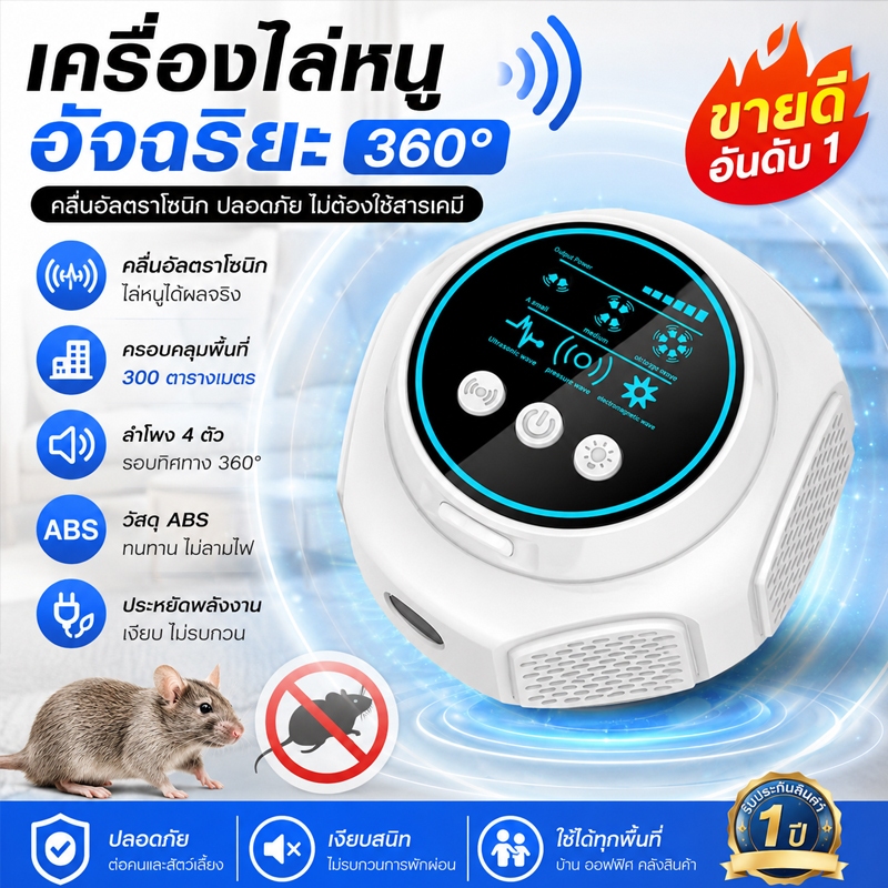 เครื่องไล่สัตว์รบกวนอัลตราโซนิก ไล่หนู ไล่แมลง ไล่แมลงสาบ ปลอดสารเคมี ครอบคลุมพื้นที่กว้าง 300㎡
