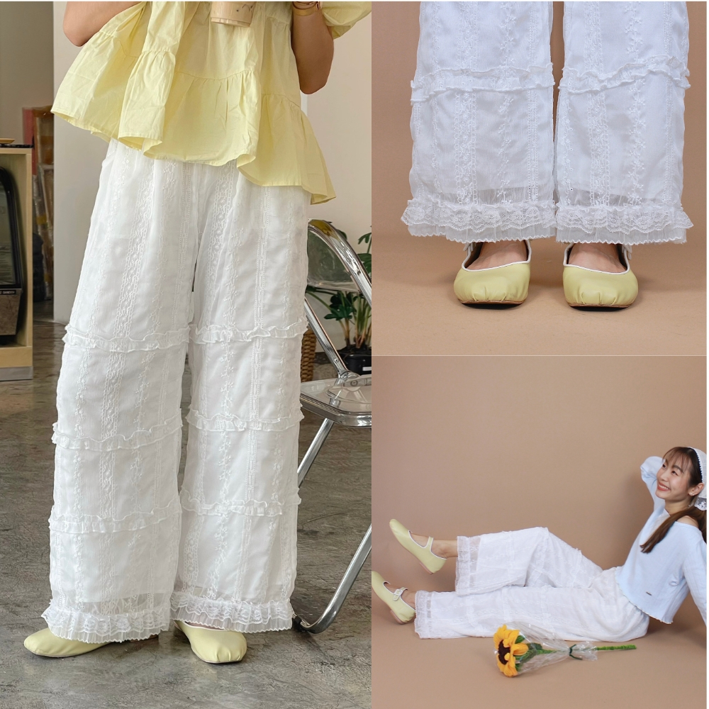 (S-3XL) CHAWY Softie lace pants C4790 กางเกงขายาวลูกไม้