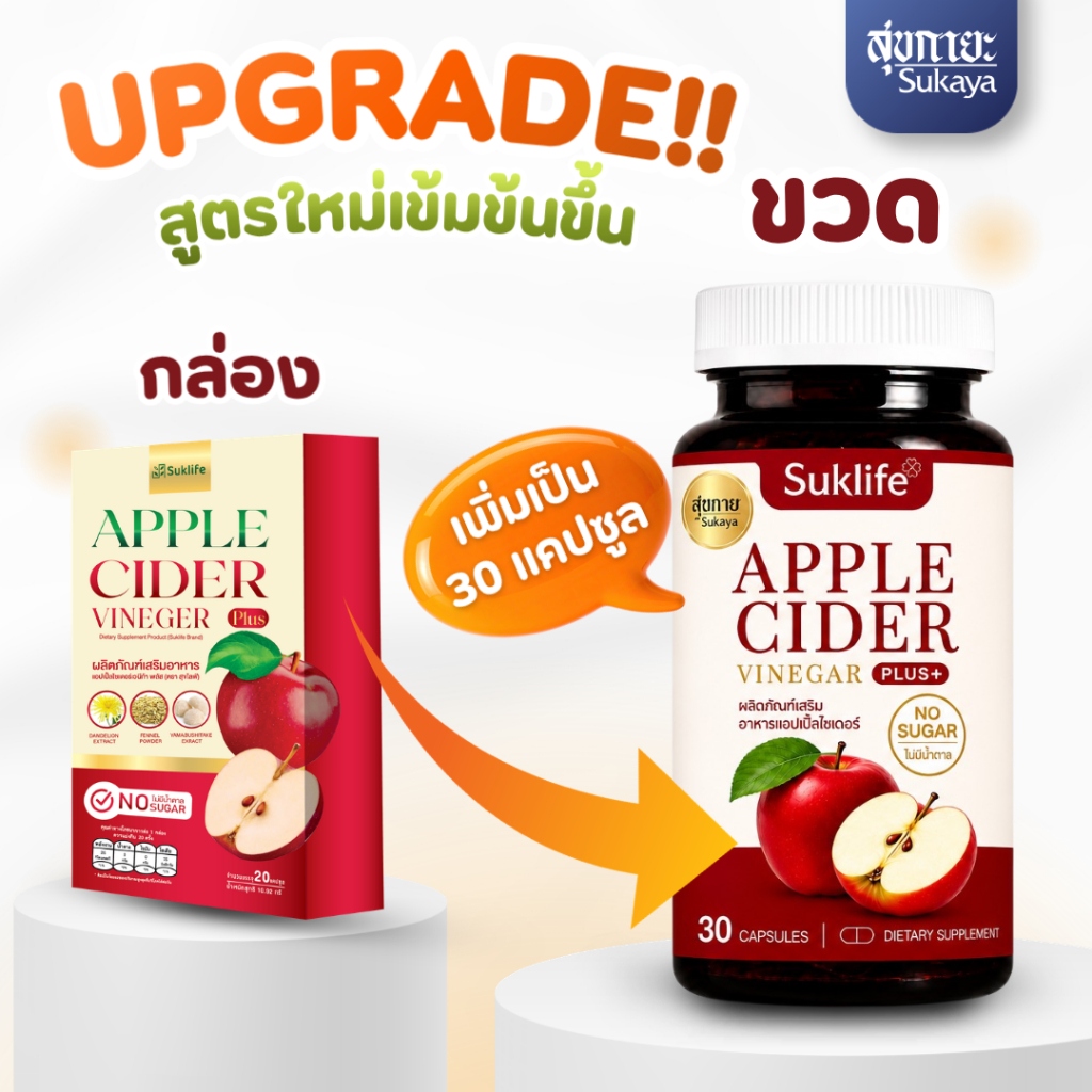 (ของแท้-พร้อมส่ง)Suk life แอปเปิ้ลไซเดอร์ พลัส 30 แคปซูล ลดบวม ตัวบวม หน้าบวม ขับโซเดียม กระตุ้นขับถ่าย แน่นท้อง ท้องผูก