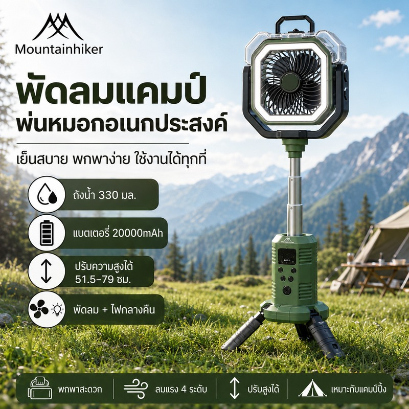 Mountainhiker พัดลมแคมป์พกพา พ่นน้ำหมอก ไฟสว่าง LED แบต 20000mAh ขาตั้งขา 3 ขา ปรับความสูงได้ พัดลมกลางแจ้ง