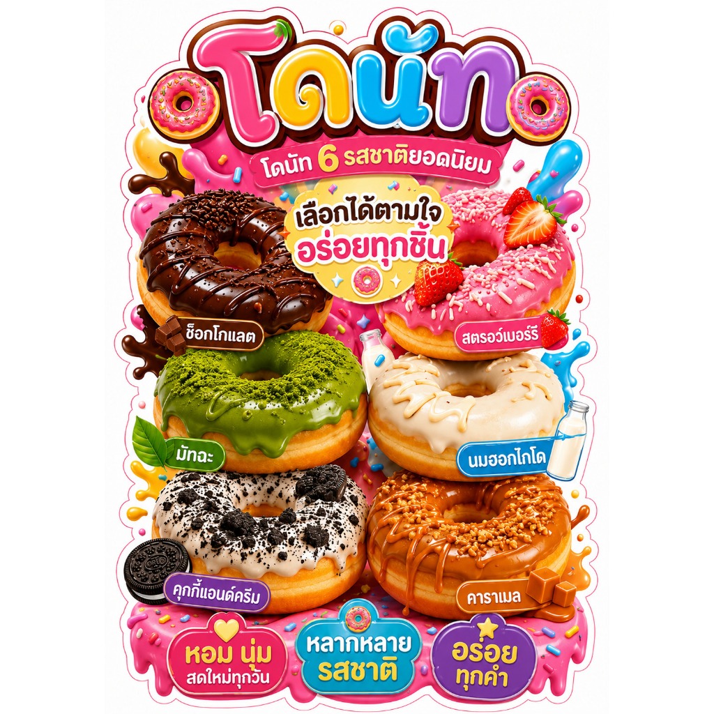 🍩 ป้ายเมนูโดนัท A3 A4 ป้ายร้านเบเกอรี่ คาเฟ่ สีสดคมชัด พร้อมใช้งาน
