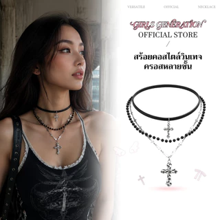 LUCKYROSE สร้อยคอหลายชั้น ลูกปัดและไม้กางเขน วินเทจสไตล์พังก์ดาร์ก สำหรับสาว Y2K
