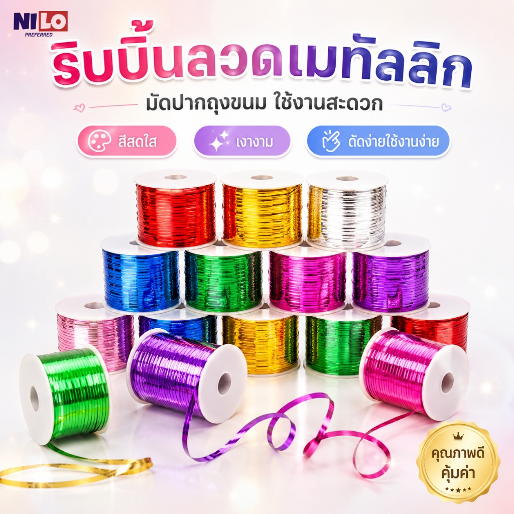 ลวดมัดปากถุง ริบบิ้นเมทัลลิก ดัดง่าย 1 ม้วน ยาว 100 หลา สำหรับถุงขนม เบเกอรี่ ของขวัญ และงานปาร์ตี้