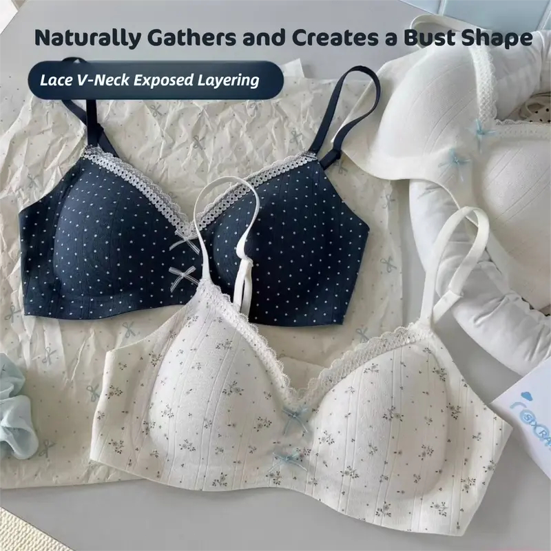 Seamless Bra for Women with Bowknot Floral Design Small Chest Gathering Wireless Side Breast Collection Anti-Sagging Th