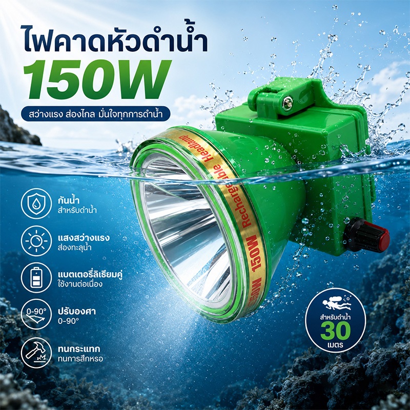 ไฟคาดหัวดำน้ำ 150W กันน้ำ ชาร์จแบตเตอรี่ แสงสว่างแรง ส่องปลาใต้ทะเล Diving Headlight
