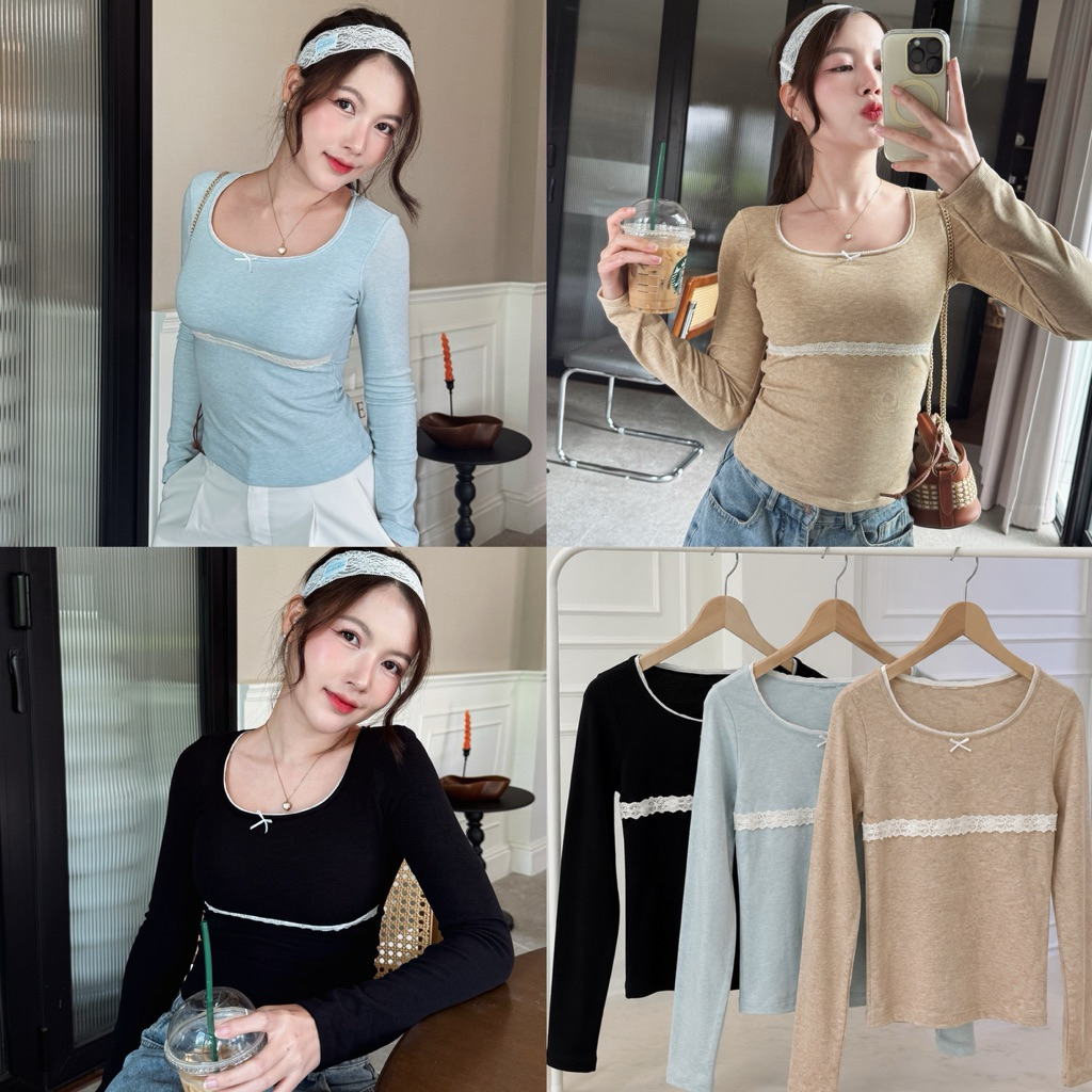 M09- เสื้อแขนยาวผู้หญิง คอกว้างแต่งลูกไม้ มีฟองน้ำในตัว ผ้านุ่มยืดได้ สไตล์เกาหลี เสื้อรัดรูปสายหวาน