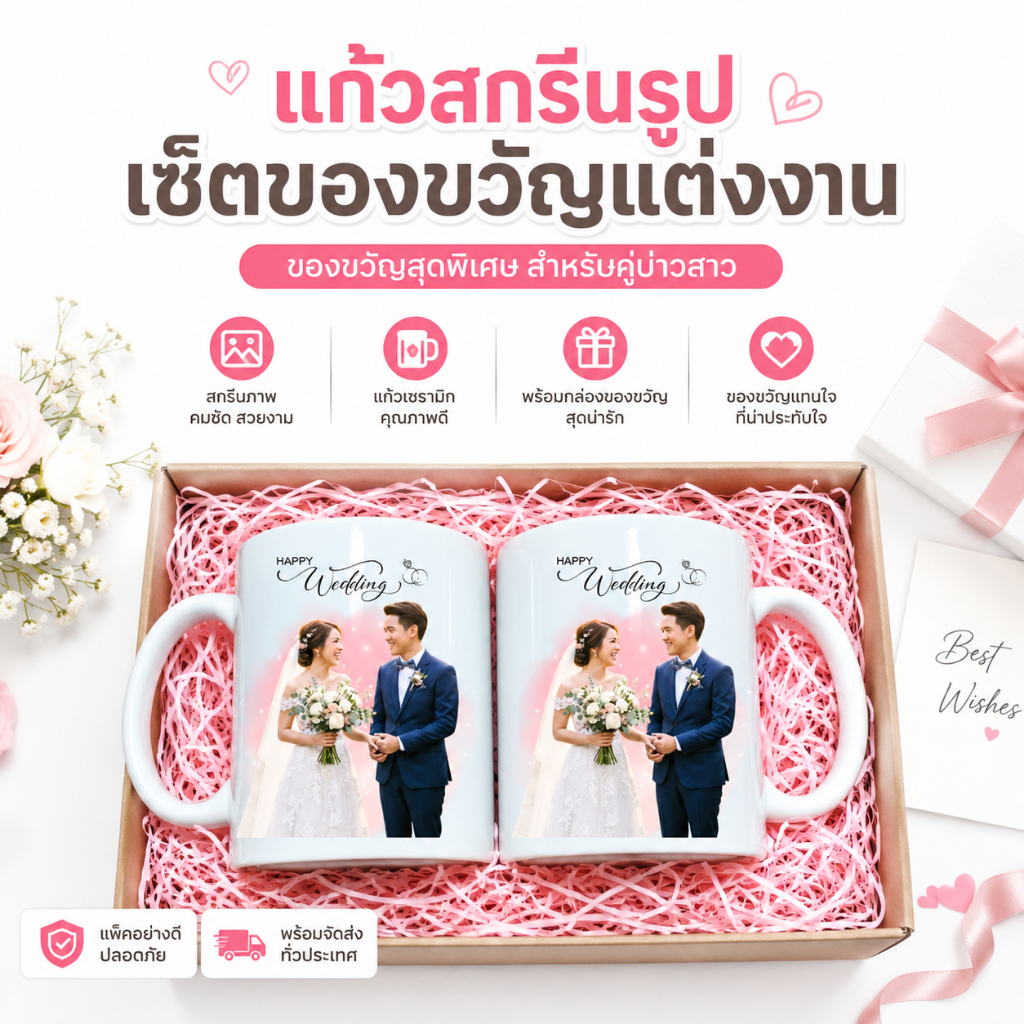 แก้วสกรีนรูป เซ็ตของขวัญแต่งงาน คู่รัก แก้วคู่ Happy Wedding พร้อมกล่องของขวัญ ของขวัญคู่บ่าวสาว