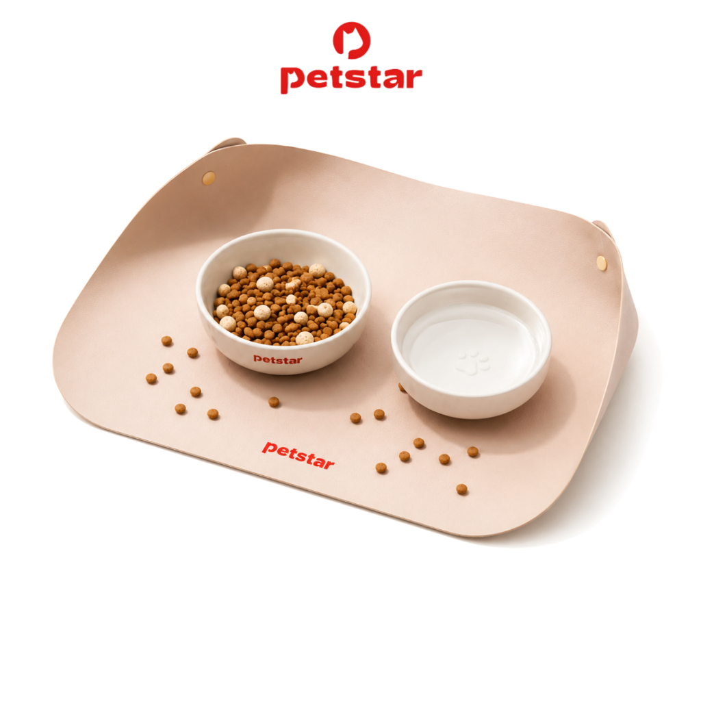 Petstar แผ่นรองจานสัตว์เลี้ยง แผ่นรองชามอาหาร Pet Food Bowl Pads หนัง PU กันหกเลอะพื้น มีกันลื่น ทนทาน