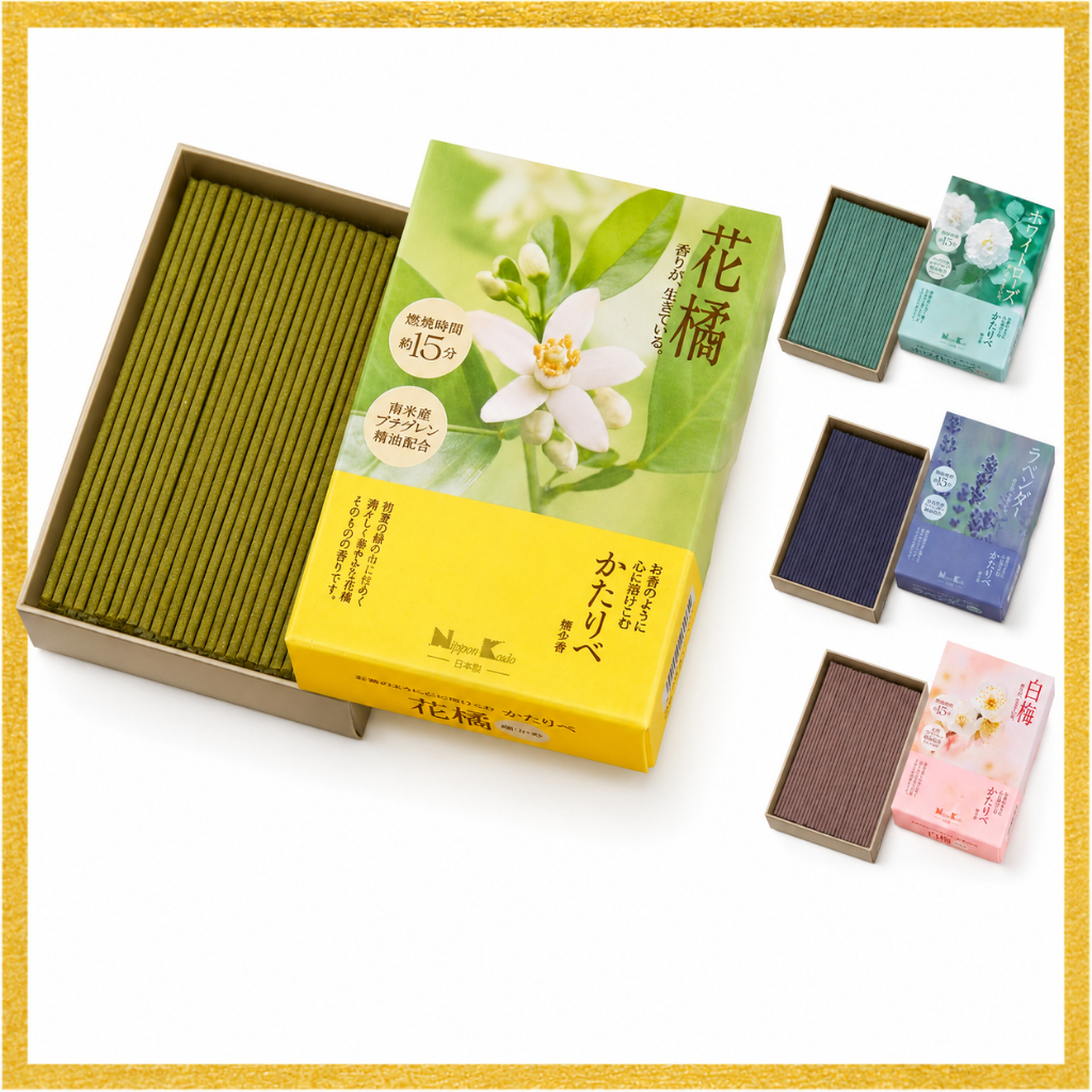 ธูป Kataribe Hanatachibana ขนาดเล็ก น้ำหนักประมาณ 50 กรัม ผลิตจากญี่ปุ่น (Nippon Kodo) ควันน้อย
