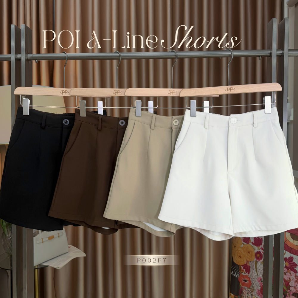 POI A-Line Shorts กางเกงขาสั้นกระดุมหน้าสีพื้น สม็อคหลัง P002F7