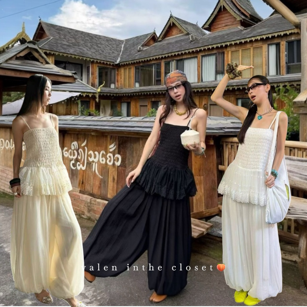 ส่งด่วน 🛵 90542 เซ็ท 2 ชิ้น เสื้อสายเดี่ยว แต่งสมอคทั้งตัว ชายแต่งระบายผ้าลูกไม้