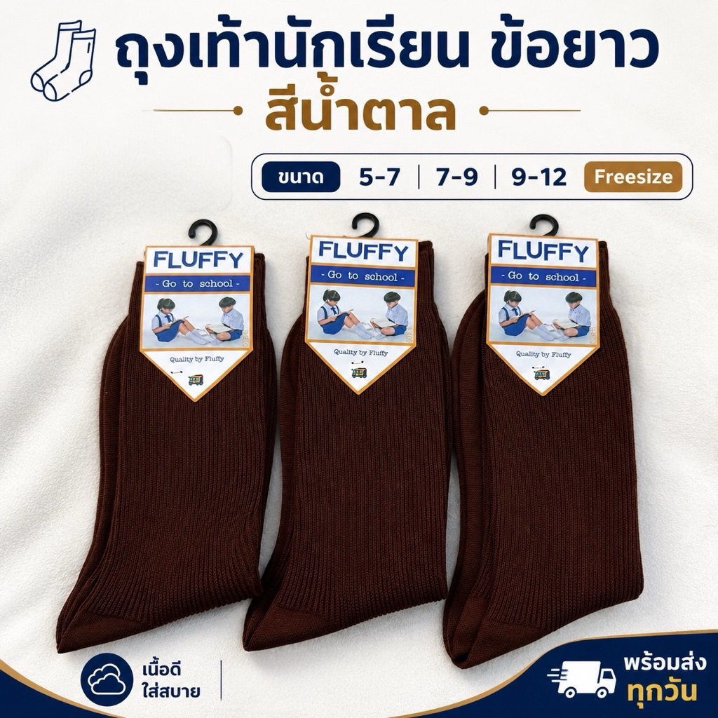 *สินค้าขายดี*ถุงเท้านักเรียนชาย น้ำตาล ข้อยาว มีไซร์ 5-7/7-9 พร้อมส่ง แพ็ค 6 คู่ 12 คู่