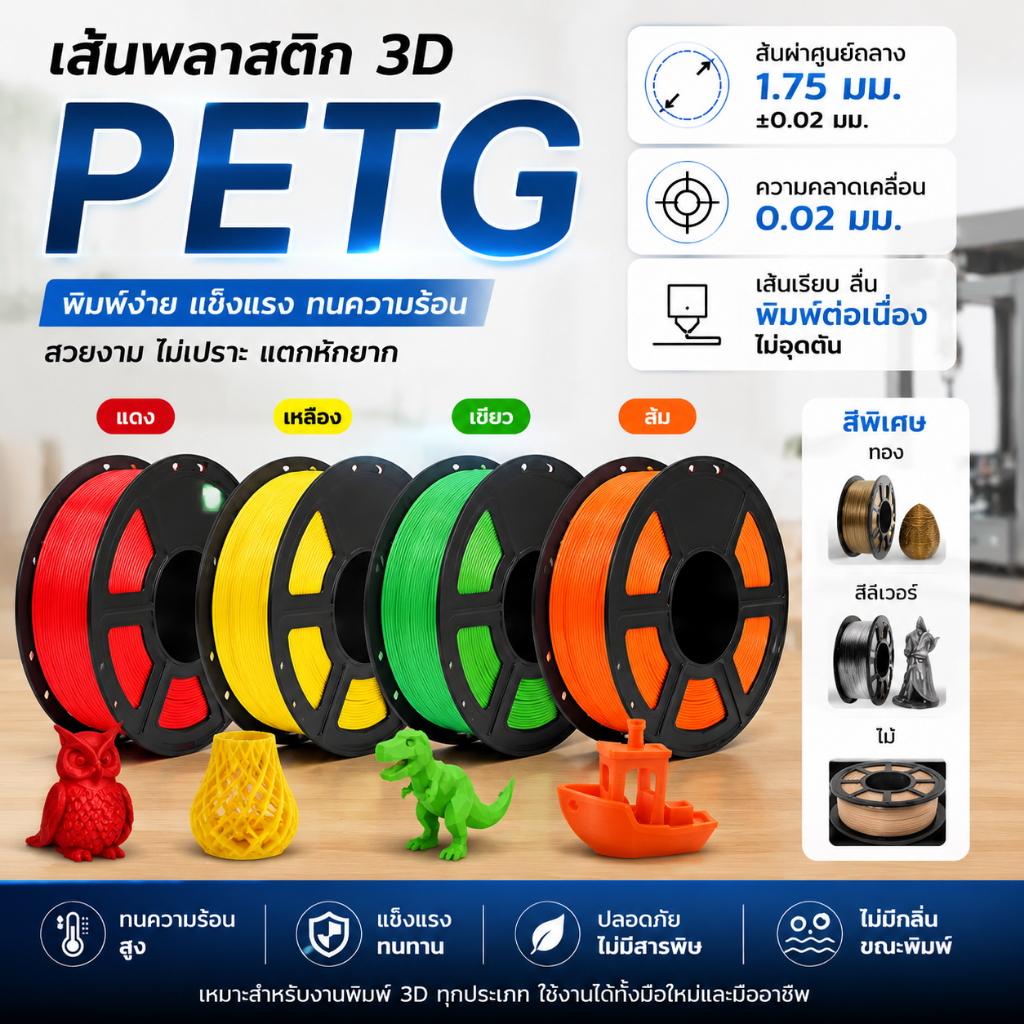 PETG Filament DynaiRON เส้นพิมพ์ 3D 1.75 มม. 1 กก. พิมพ์ลื่นทนทาน หลายสีเลือกใช้งาน