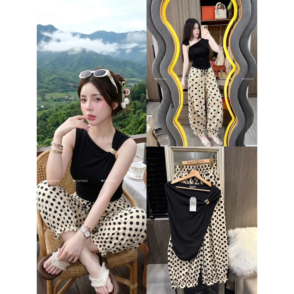hmwe shop🍊เซทเสื้ออะไหล่ทอง+กางเกงpolkadotทรงเจนนี่สุดปัง แมทเซทตัวดัง ตต มาให้เริสๆเลยค่าาา