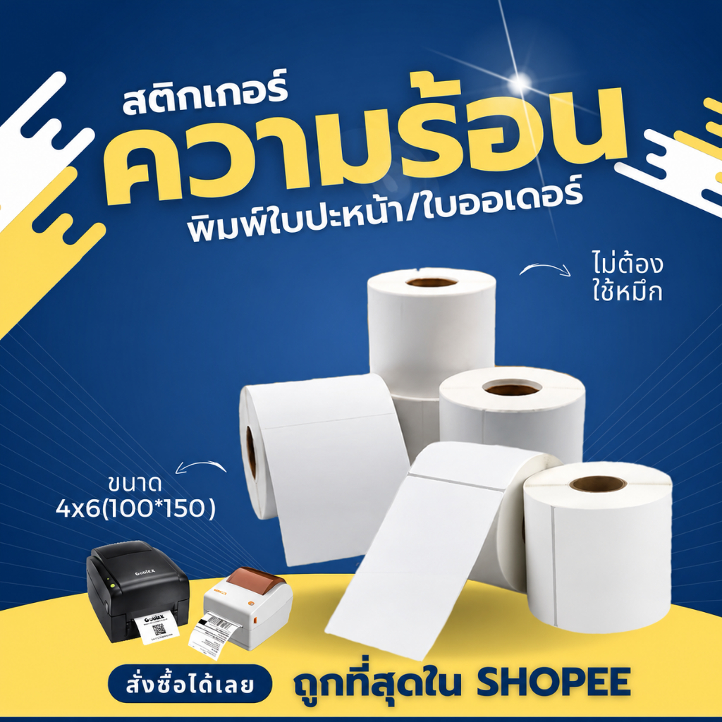สติ๊กเกอร์ Direct Thermal พิมพ์ผ่านความร้อน ขนาดไซส100x150m. หรือ 4x6 นิ้ว แบบม้วน พิมพ์ใบปะหน้าโดยไม่ใช้หมึกริบบอน