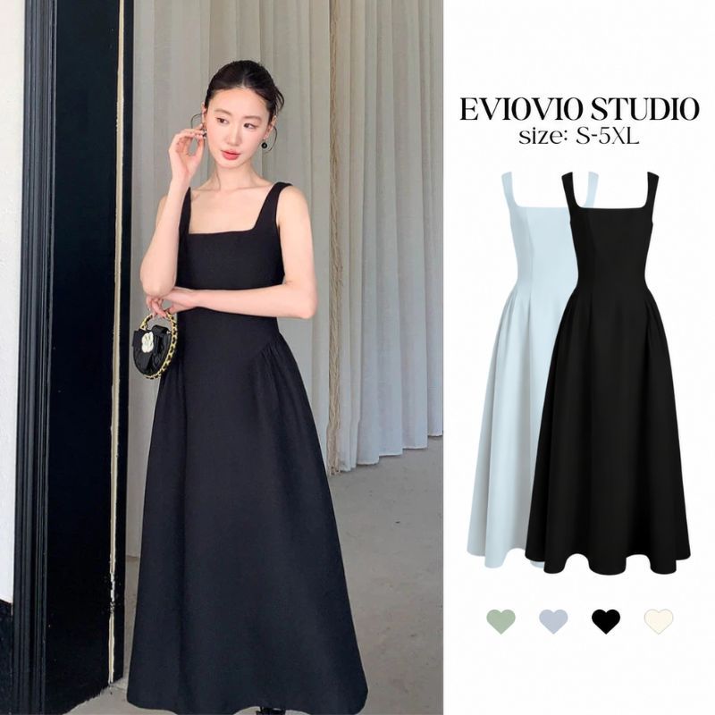 【EVIOVIO】S-5XL เดรสมินิมอล คอเหลี่ยมแขนกุด เดรสยาวคลุมเข่า ทรงเข้ารูป เอไลน์ เดรสยาว พลัสไซซ์
