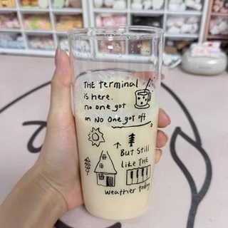 แก้วน้ำ สกรีนลาย แก้วใสทรงสูง สำหรับใส่เครื่องดื่ม ชา กาแฟ ลายมินิมอล เครื่องครัว แก้วอเนกประสงค์ ดีไซน์น่ารัก โฮมคาเฟ่