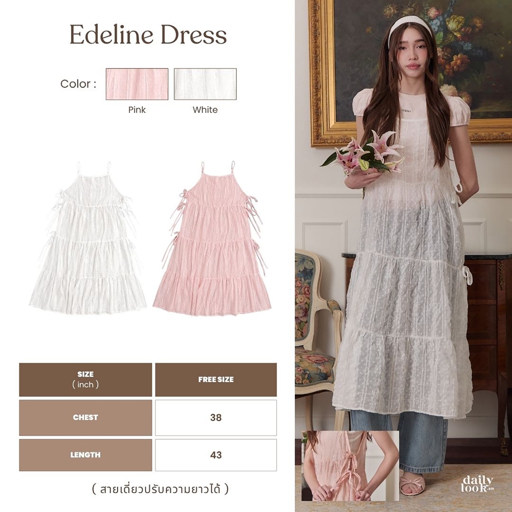DAILYLOOK.SM --- Edeline dress เดรสสายเดี่ยวผ้าซีทรูลายจุด แต่งด้วยผ้าลูกไม้