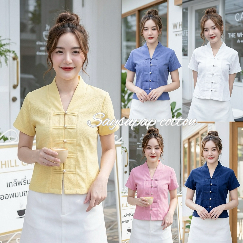 เสื้อผ้าฝ้ายคอปิน คอวีกระดุมเงินงานผ้าชินมัย