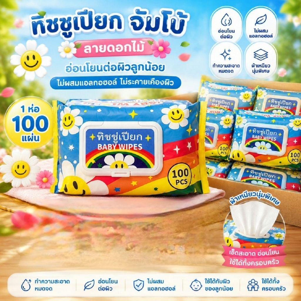 ทิชชู่​เปียกจัมโบ้ 1 ห่อมี 100 แผ่น​(ไม่มีแอลกอฮอล์​)