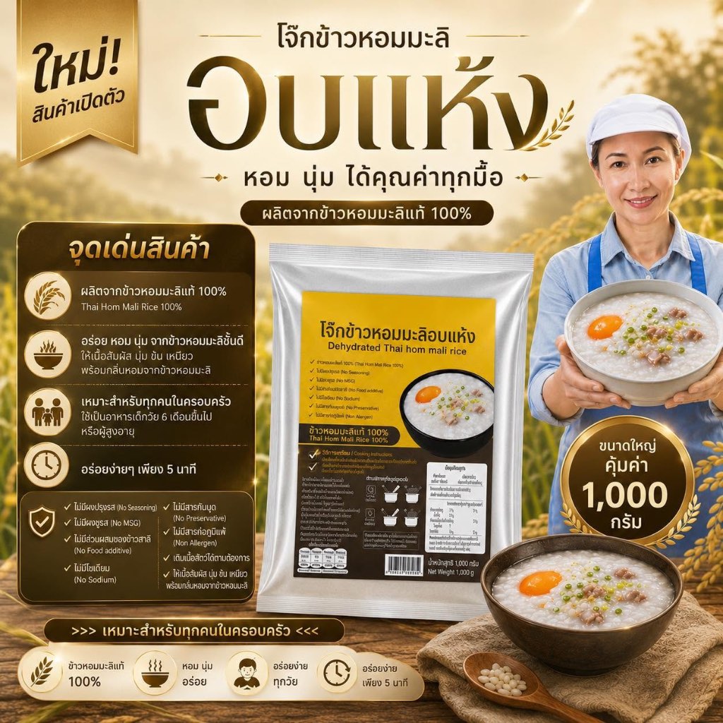 Sawat-D โจ๊กข้าวหอมมะลิอบแห้ง 1 กก. ข้าวหอมมะลิ 100% ไม่มีผงชูรส ไม่มีสารกันบูด เด็ก 6 เดือน+ ผู้สูงอายุ