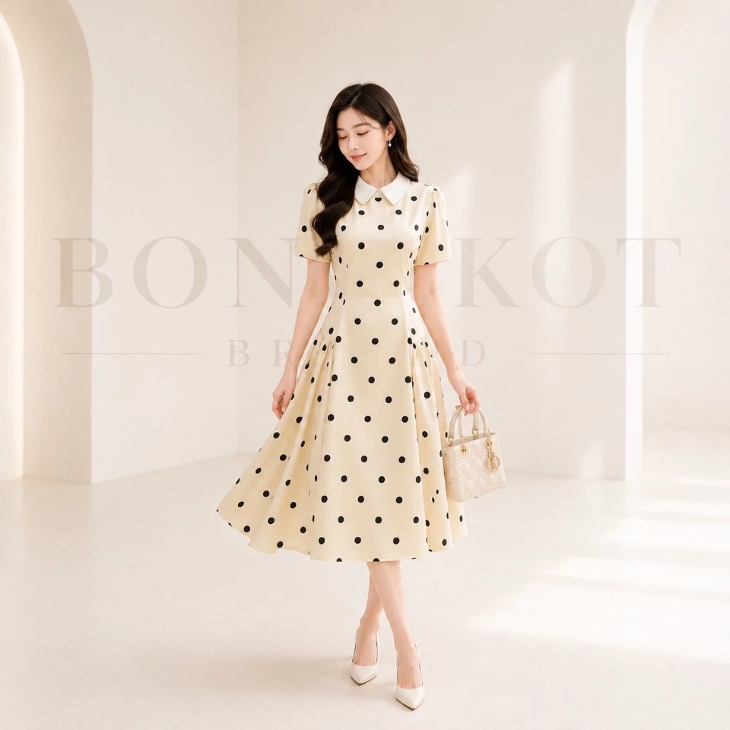 ND13 Polly Dress เดรสออกงาน ชุดทำงานคอปกลายจุด ดีเทลสวยสุภาพเรียบหรู