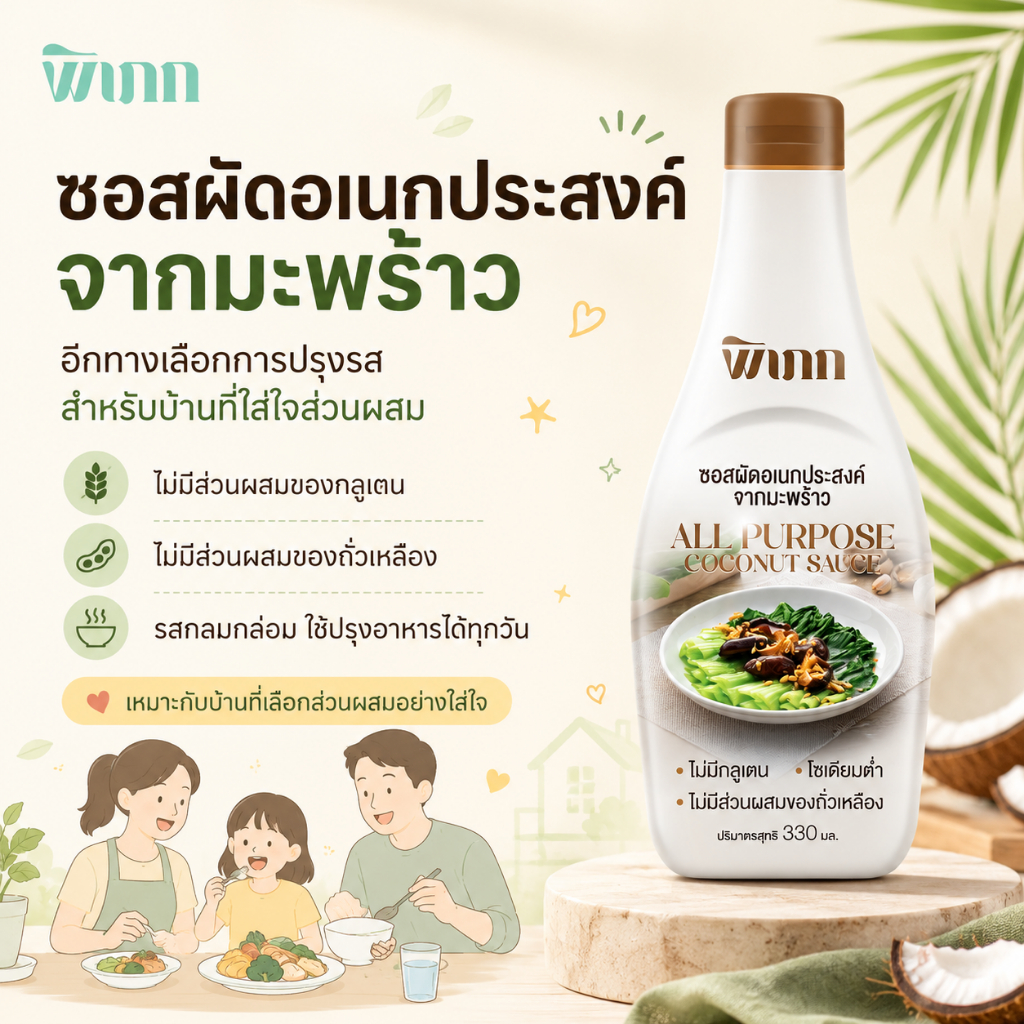 ซอสผัดอเนกประสงค์จากมะพร้าว พิเภก 330ml ซอสปรุงรส โซเดียมต่ำ ไม่มีส่วนผสมของกลูเตนและถั่วเหลือง